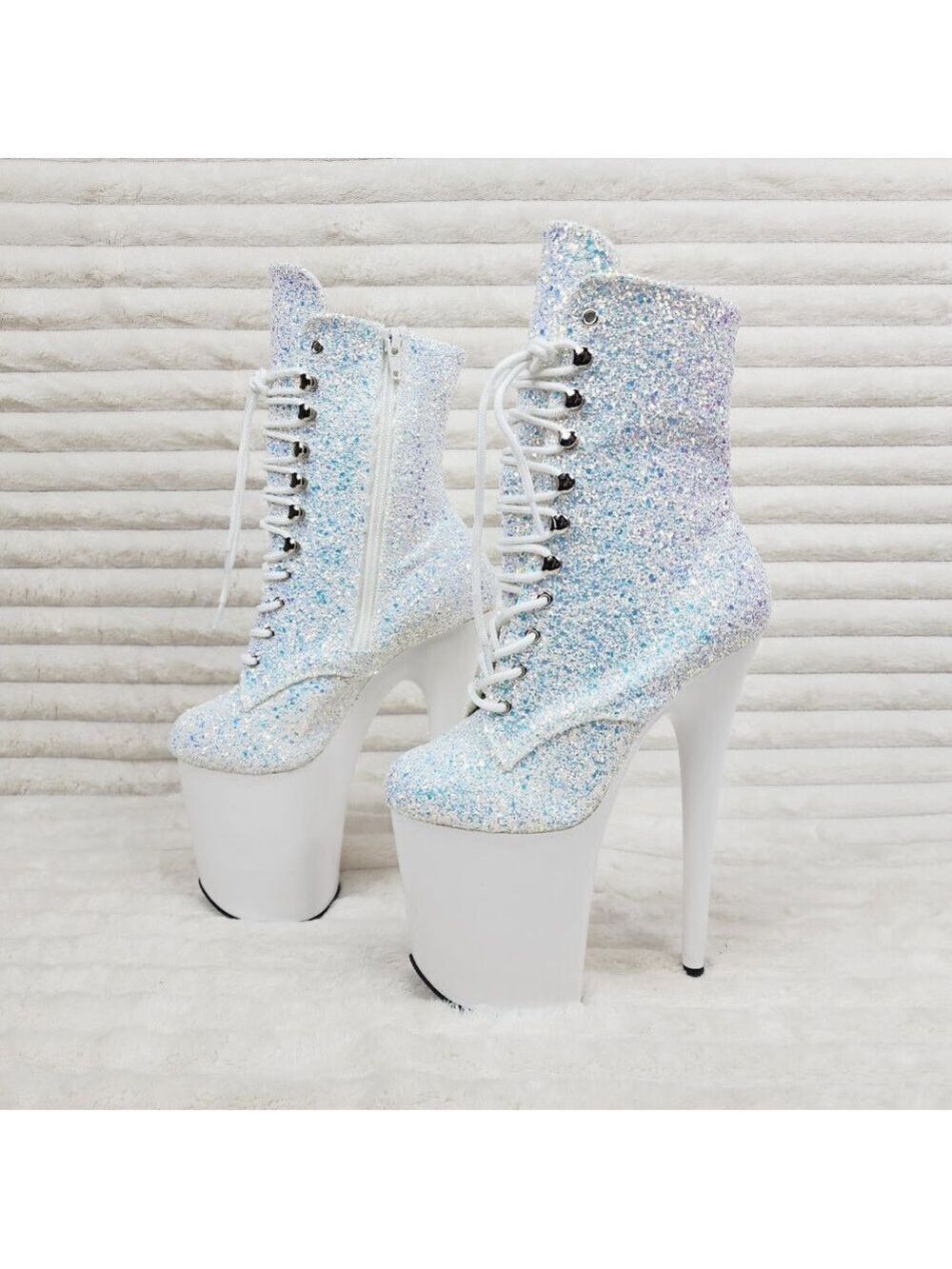 White Ice UV Glitter 8" Platform Heel Ankle Boots Flamingo - Picture 7 of 12